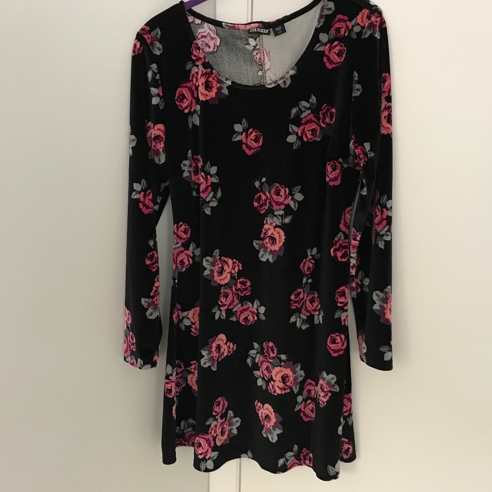 Velvety Black Floral Mini Dress Size L